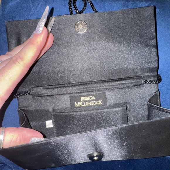 Jessica McClintock Vintage Black Satin Clutch Evening‎ Bag Silver Beaded Band - Picture 3 of 6
